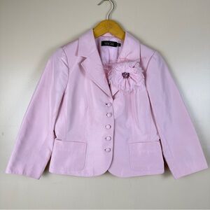 Teri Jon Light Pink Silk Blend Blazer – Feather Flower Brooch, Women’s Size 4